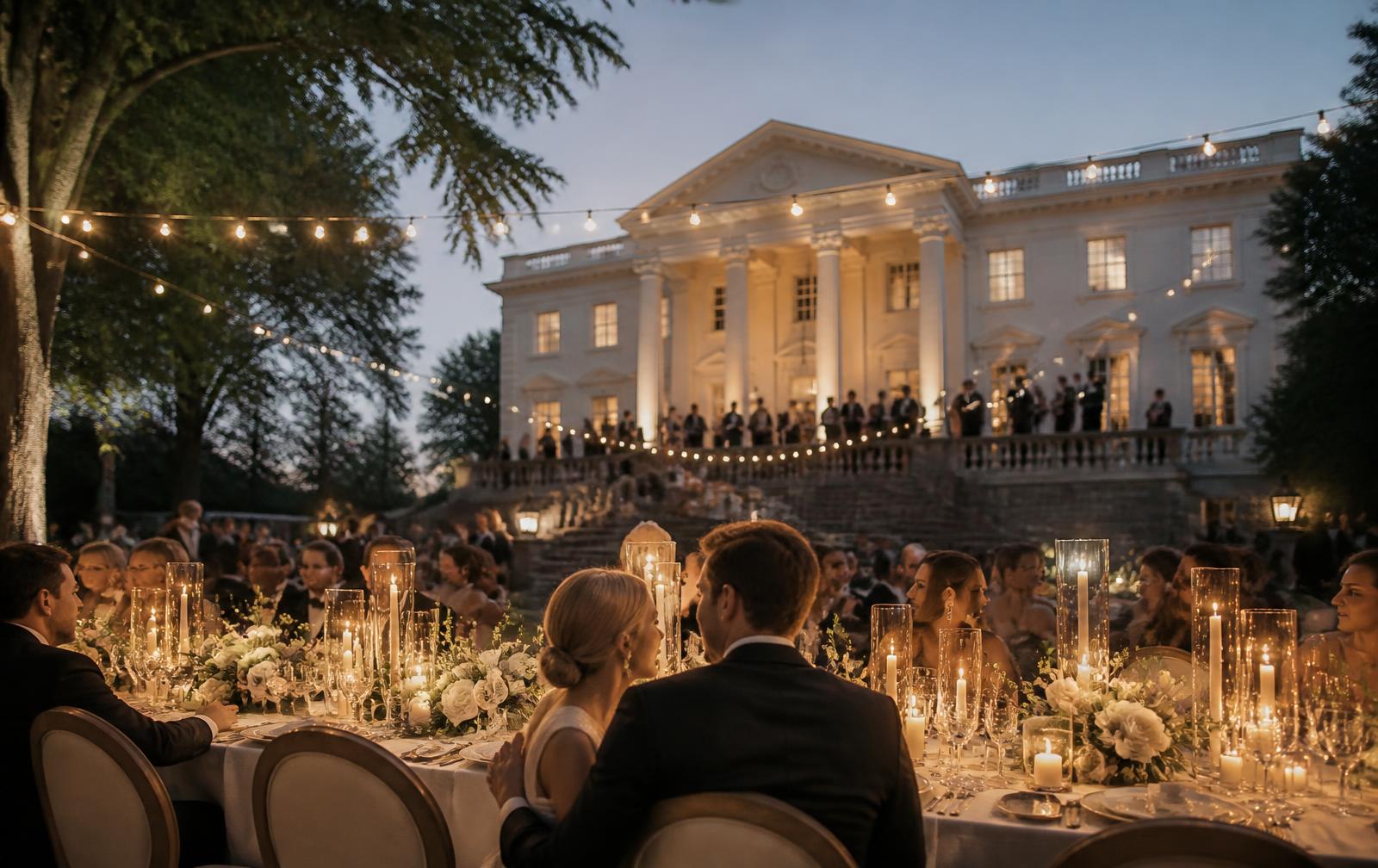 Candlelit wedding reception at an Atlanta estate venue at dusk